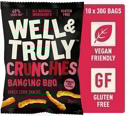 WELL&TRULY: Banging BBQ: Baked Corn Snacks - Gluten Free - Plant Based & Vegan - No Added Sugar - Less Fat - Healthy Snack - (Box of 10 Bags, 30g Each)