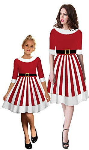 Onsoyours Weihnachten Mutter Tochter Kleid Damen Mädchen Langarm Weihnachtskleid Weihnachtsmann Schneemann Gedruckt A-Linie Festkleid Passend Familie Kleidung Abendkleid E Rot L