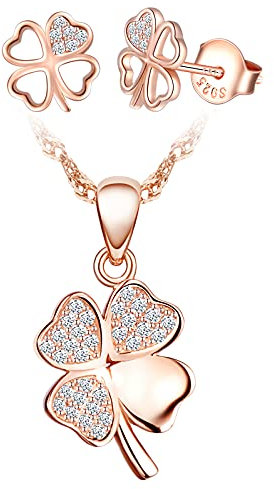 Yumilok Damen Schmuckset Vierblättriges Kleeblatt Anhänger Halskette Ohrringe Kette Set Schmuck Set 925 Sterling Silber für Frauen