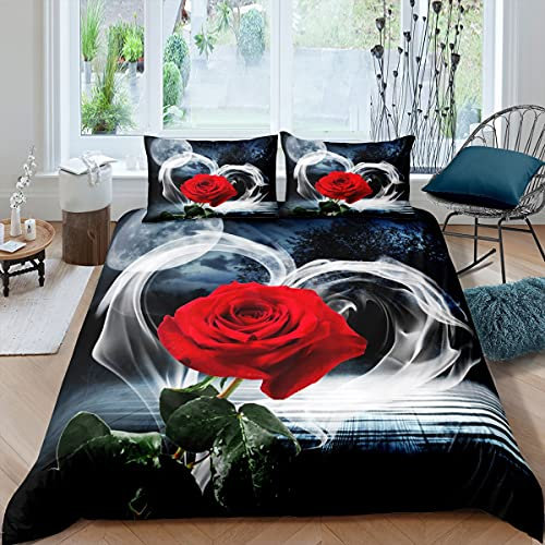 Rot Rose Bettwäsche für Mädchen Frauen Dekor Blumen Bettbezug Set 135x200cm Rose Psychedelisch Rauch Wald Bettwäsche Set 2St Grün hinterlässt rote Blumen Dekor Betten Set Atmungsaktives Mikrofaser