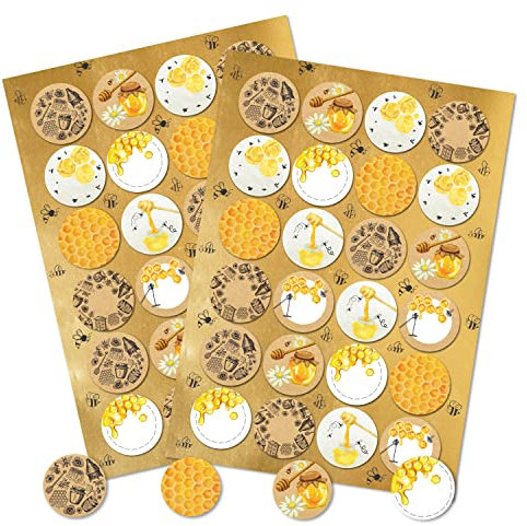 Autocollants miel ronds, lot de 48: stickers décoratifs kraft pour pots, cadeaux, scrapbooking, étiquettes à personnaliser pour artisanat, décoration baptême, DIY, personnalisé, Ø 4 cm