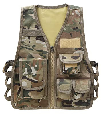 Oyolan Gilet de Pêche pour Enfant Garçon Fille Gilet Photographe Multipoches Camouflage Veste sans Manches Manteau Réglable Jeux Extérieurs de Chasse Camping Camouflage 1-7 ans