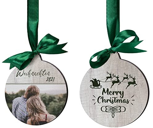 Foto Weihnachtskugeln aus Holz - personalisierter Weihnachtsbaum Anhänger - amerikanische Weihnachtsdeko für den Tannenbaum - Baumschmuck Geschenkanhänger außergewöhnlich