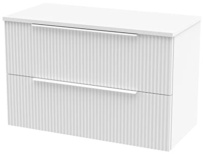 Hudson Reed DFF195W Fluted Modern Bathroom Wall Hung 2 Drawer Vanity Unit with Colour Match Worktop, 800mm, Satin White