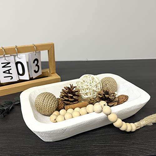 Wooden Dough Bowl Decor, Vintage Wooden Bowl Hand Carved Home Decor for Dining Table Center, Living Room, Kitchen Decor. (10in White)