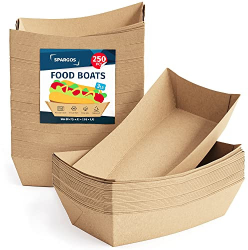 SPARGOS Bandejas de comida para fiestas 3LB marrón (250 uds) - Bandejas para hot dog a prueba de fugas y seguras para congelador - Cajas desechables de cartón para servir nachos, papas, cine.