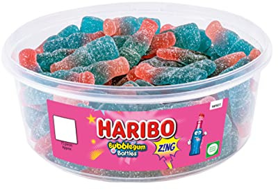 HARIBO Bubblegum Bottles Z!ng – Fizzy Gummy Sweets Tub, 75 Pieces, 638g – Sour Bubblegum Flavour Candy Sweets