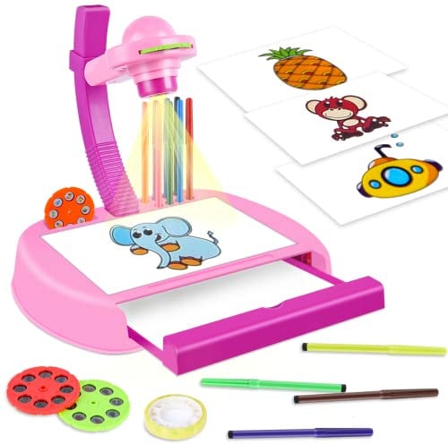 colmanda Zeichnungs Projektor Kinder, Zeichenprojektor-Tisch mit 24 Mustern, Tisch Zeichenbrett Malprojektor Lernspielzeug, LED-Projektor Art Zeichentisch Spielzeug für Kinder (Rosa)