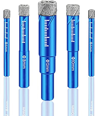 Brocas Porcelanico 6mm 6mm 8mm 10mm 12mm 5 piezas Broca de Diamante para Vidrio, Loseta de Cerámica, Porcelana, Granito, Mármol, Arenisca y Otros Materiales