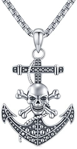 XIXLES Anker-Halskette Totenkopf-Kompass-Anker-Halskette. Coole Herren-Gothic-Halsketten, oxidierter Totenkopf-Anhänger, Schmuck, Geschenk für Matrosen