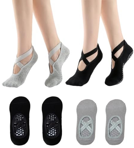 INGJIA 2 Paar rutschfeste Yoga Socken für Damen, Pilates Sock mit Anti Rutsch Griffen,Sportsocken für Damen, Ballettsocken für Yoga Pilates Fitness Barfuß-Training Dance (Schwarz + Dunkelgrau)