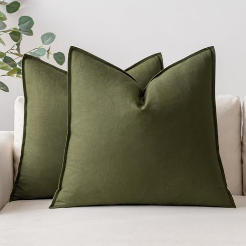 MIULEE Kissenbezug Kissenhülle Dekokissen Leinen Baumwolle Dekorative Kissenbezüge Waschbar Sofakissen mit Verstecktem Reißverschluss für Wohnzimmer Schlafzimmer Sofa 2er Set 45x45 cm Olivgrün