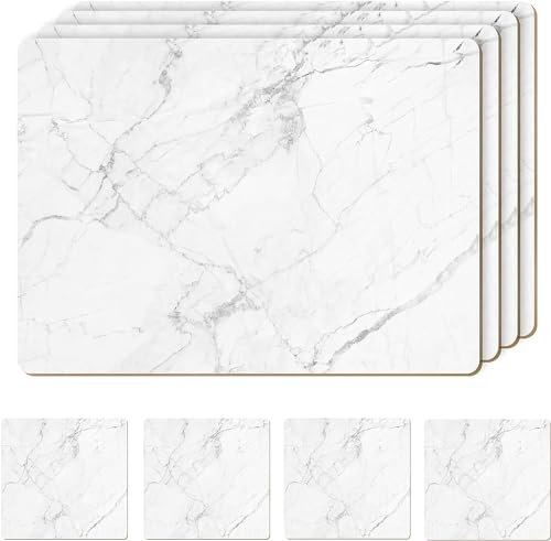 AAMEN Heat Resistant Cork Marble Placemats For Dining Table Set Of 8, 4 placemats and 4 coasters in the set Marble Design Tables Mats, Waterproof & Easy Clean for Kitchen Table.
