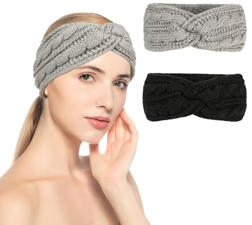 MisFun 2 Pièces Bandeau Cheveux, Bandeau Hiver Femme, Tricoté Bandeau Femme Elastique, Cache Oreille Femme, avec Doublure en Peluche, pour les Sports Quotidiens et le Ski de Fitness