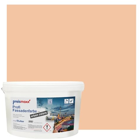 Preismaxx Profi Fassadenfarbe urban colors, bunte Außenfarbe, orange, pfirsich, peach 5L, matte, wasserabweisende Aussen-Dispersion, hohe Wasserdampfdurchlässigkeit