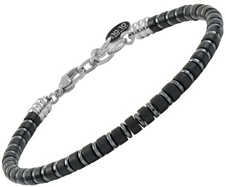 10:10 Herren-Armband mit natürlichen Halbedelsteinen 4 mm, Unterlegscheiben, Hämatit, Stahl, verstellbar, hergestellt in Italien, Regolabile, Natürliche Steine Schwarzer Achat, Edelstahl