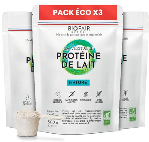 BIOFAIR NUTRITION - Proteinas Whey Orgánica - Paquete de 3 - Saludable, 100% Natural y Procedente de Nuestros Pastos Franceses - Sabor Natural y Neutro - 1500 Gr