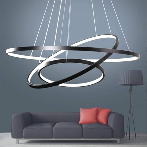 SXLXQM Hängelampe Schwarz LED, 75W Dimmbare Runde LED-Pendelleuchte mit Fernbedienung, 3 Ringe, schwarzer Acryl-Kronleuchter, Kronleuchter für Wohnzimmer, Esszimmer