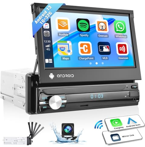 CAMECHO Android 13 1G+32G 1 Din Autoradio mit Wireless Apple Carplay Android Auto, 7 Zoll Bildschirm Autoradio mit Ausfahrbarem Display mit Bluetooth Mirror Link WiFi GPS SWC FM RDS + Rückfahrkamera