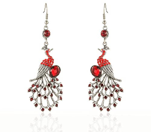 Pfauen-Kronleuchter-Ohrringe, Pfau Vogel-Ohrringe für Frauen, Böhmische Pfauen-Aussage-Ohrringe, Funkelnde Phönix Ohrstecker Pfau Boho Schmuck, Niedliche Pfauen-Ohrringe (Rot)