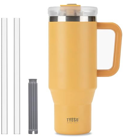 Coffee Cup Travel Mug with Handle, 40oz Tumbler with Lockable Lid, Stainless Steel Vacuum Insulated Water Bottle with Straw, Leakproof & Portable Travel Cup for Hot and Cold Drinks (Mustard Yellow)
