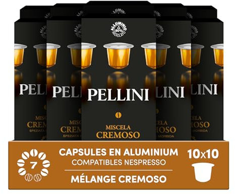 Pellini Cremoso, 100 Capsule in Alluminio Compatibili Nespresso, Miscela di Caffè Arabica e Robusta dal Gusto Avvolgente, Speziato con Note di Caramello e Nocciola, 10 Confezioni da 10 Capsule