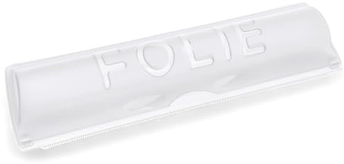 MIJOMA Dispenser di pellicola salvafreschezza – Vassoio in alluminio in plastica trasparente, pratico supporto con bordo tagliato finemente seghettato per pellicole domestiche, facile da tagliare la