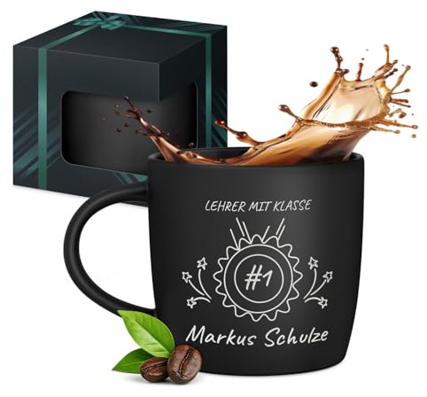 Maverton Keramik Kaffeebecher 400ml mit Gravur, schwarze Kaffeetasse | Kaffeebecher aus Matt Keramik mit Henkel, Trinkbecher Männer zum Geburtstag zu Weihnachten, matt schwarz, Innen schwarz, Top