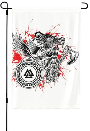 Odins Wikinger-Kriegerbär auf Kopf, doppelseitig, bedruckt, Gartenflagge für Haus, Rasen, zum Aufhängen, Dekoration, Hofbanner, Urlaub, Willkommensflaggen, für drinnen und draußen, 45 x 30 cm