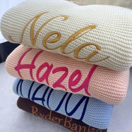 HERSTL 100x80cm Personalisierte Babydecken, Baumwoll-Strickdecke, Personalisierter Bestickter Name, Baby Junge, Baby Mädchen, Personalisiert, Weich, Atmungsaktiv