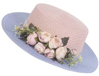WUODHTW Sombreros de sol para mujer, sombreros de playa de ala ancha, sombrero de paja hecho a mano con flores de protección solar, sombrero plano de hierba de papel UV, lila (Lilac colour), Talla