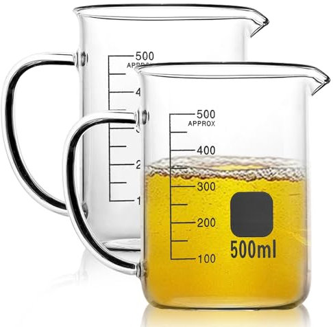 2 tazas medidoras con asa, taza medidora de 500 ml, vaso medidor de vidrio de borosilicato con boquilla de agua, taza medidora con taza medidora transparente examinada para vidrio de laboratorio