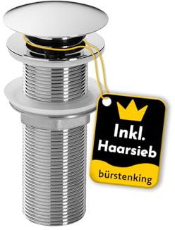 Bürstenking Ablaufgarnitur Waschbecken – Ablaufventil mit Haarsieb – für Waschbecken & Waschtisch – 1 1/4 Anschlussgewinde – Push-Open Funktion – ohne Überlauf – 12 cm – ø 66 mm – Chrom Silber