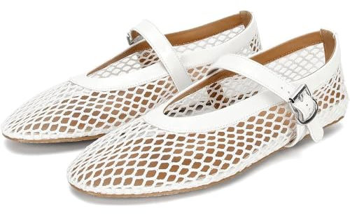 HKFBHFKM Mesh Ballet Flats for Women Fishnet Ballerina Flats Buckle Strap Mesh Ballet Shoes Wide Width Casual Summer Dress Flat Shoes(Blue,6.5 UK)