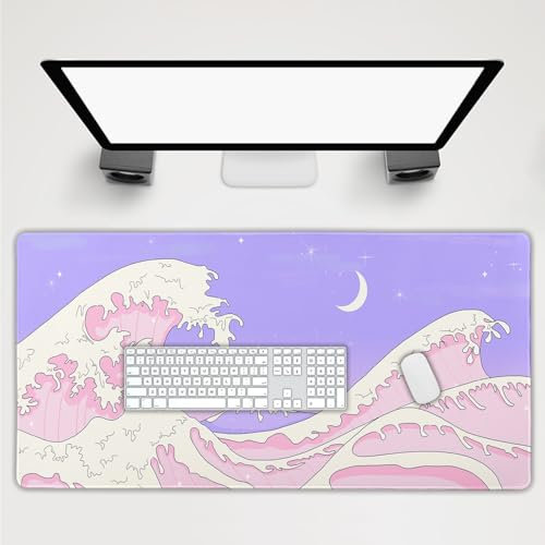 Pink Purple Japanese Anime Gaming Mouse Pad 3XL Cute Kawaii Aesthetic Sea Wave Extended Large Desk Mat Non-Slip Rubber Base Stitched Edge Long Keyboard Mousepad for Laptop,47.2x23.6 in,120x60cm