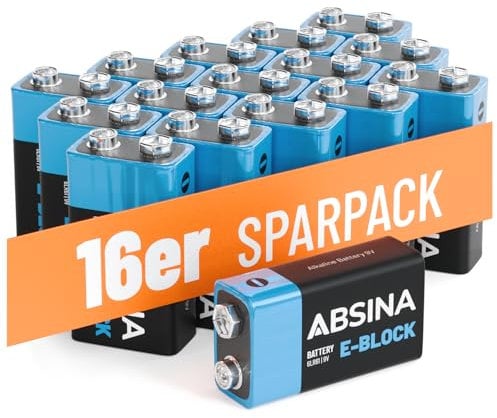 ABSINA 16X batterie 9V industrial - batteria 9V a lunga durata e a prova di perdite per rilevatori di fumo e molto altro - pile 9 volt, batterie 9 Volt, pile quadrate