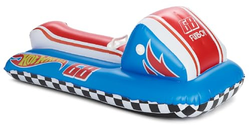 FUNBOY & Hot Wheels 50 Kids Inflatable Skimobile Winter Snow Sled, 1-2 Riders with Grooved Rubber Base Tracks, 2 Handles, and Hand Pull Rope