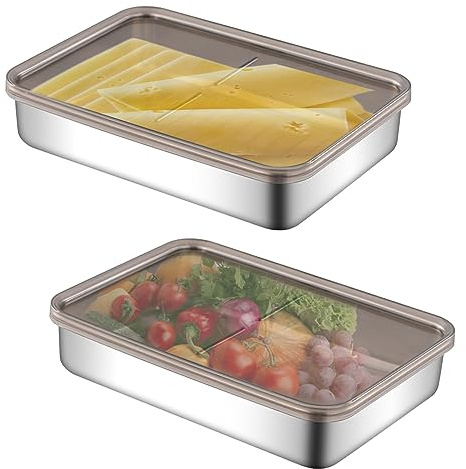 Yabound Set mit 2 Aufschnittbox Edelstahl, Aufschnittboxen für Kühlschrank mit Deckel, Kühlschrank Organizer für Obst, Geeignet, Fleisch, Käse