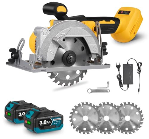Yofidra Sega Circolare a Batteria per Legno 125mm, Sega Circolare Senza Spazzole con 3 Velocità, Profondità di Taglio 45mm, 0-45°, 2 Batterie da 3,0 Ah, 3 Lame da 125mm per Tagliare il Legno