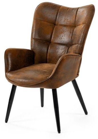 MEUBLE COSY Fauteuil de Salon Scandinave avec Accoudoirs et Assise Épais Pied Métal Rembourré en Suédine Marron