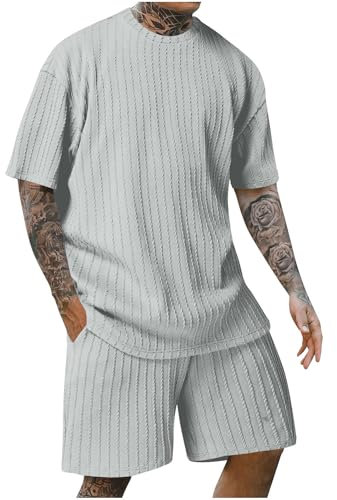 SMUXP Lässige Herren-Trainingsanzüge, strukturiertes kurzes Set, 2-teilig, kurzärmeliges T-Shirt und Hose, Anzüge für Sport, Jogginganzug, 1#grau, XL
