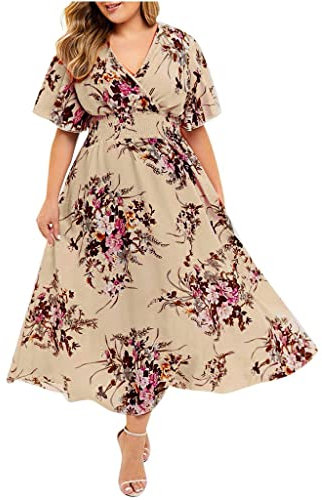 Dresses for Women UK Party Wear Short Sleeve Chiffon V Neck Dress Plus Size Midi Clothes