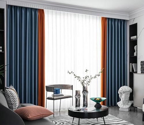 Wycian Lamellenvorhang Gardinen 2er Set Dunkelblau Orange Verdunkelung Zweifarbiges Patchwork H160 x B107 cm (2er Pack) Polyester