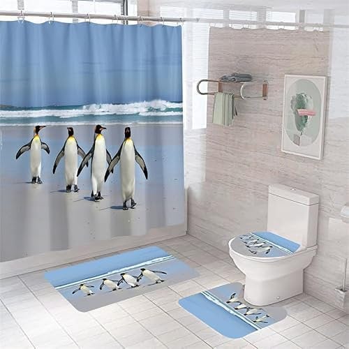 Badezimmerteppich Pinguin Badteppich rutschfest Waschbar Badgarnitur 4 Teilig – Badematte Set Mit Wc-Vorleger Und Badematte,Teppich Badezimmer Für Sicherheit Und Komfort Im Bad 50×80Cm