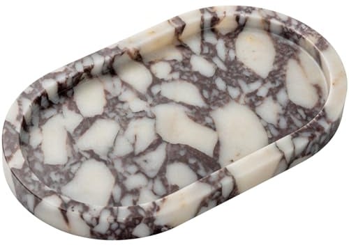 Natural Calacatta Viola Marble Tray 10x6 - Non-Resin Bathroom Vanity Organizer & Kitchen Decor | Waterproof Oval Stone Serving Dish (Purple Portoro)