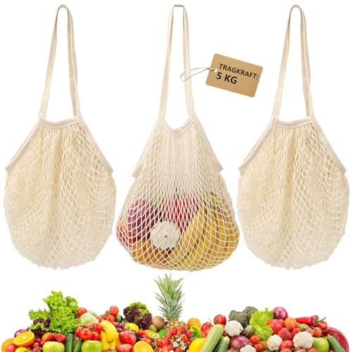3 Stück Einkaufstasche Netz Wiederverwendbar, Baumwolle Einkaufsnetz Tasche, Beige Netztasche Sandspielzeug, Einkaufsnetze FüR Obst und GemüSe Mit Langem Griff, für Einkaufen, Strand, Spielzeug, Obst