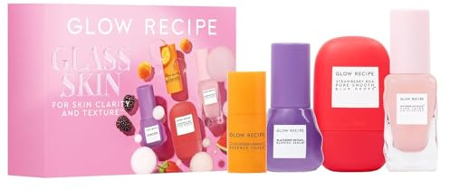 Glow Recipe Glass Skin Hydration Travel Size Korean Skincare Set - Includes Mini Cloudberry Facial Toner, Strawberry Blur Drops, Blackberry Retinol Serum & Pink Juice Moisturizer (4 Count)