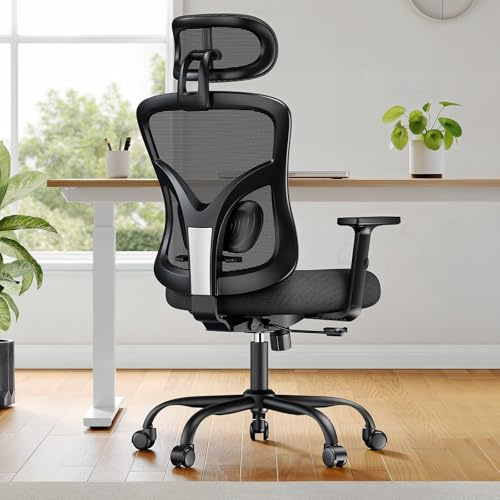 NOBLEWELL Ergonomischer Bürostuhl, Schreibtischstuhl für das Home-Office mit Verstellbarer Lendenwirbelstütze, Kopfstütze, 2D-Armlehnen, Computerstuhl mit 90° - 130° Neigung, Tragfähigkeit 136 kg