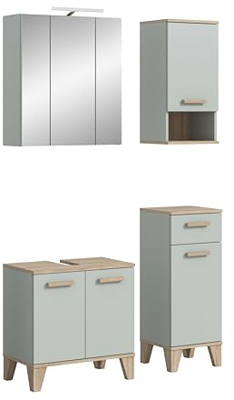 xonox.home – 4 TLG. Badkombination inkl. Beleuchtung Star 109x190x34 cm Hellgrün und Eiche hell – Badezimmerset inkl LED Spiegelschrank – Hochwertige Badmöbel-Kombination mit Waschtischunterschrank