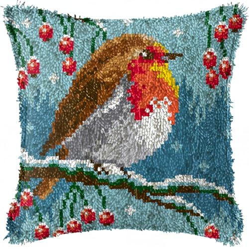 YEESAM ART Latch Hook Cushion Kits for Adults & Beginners, Robin Bird Redbreast Red Berries Snow Pre-Printed Latch Hooking Pillow Kit, DIY Embroidery Set Pillowcase for Home Sofa Decor Idea (Robin)